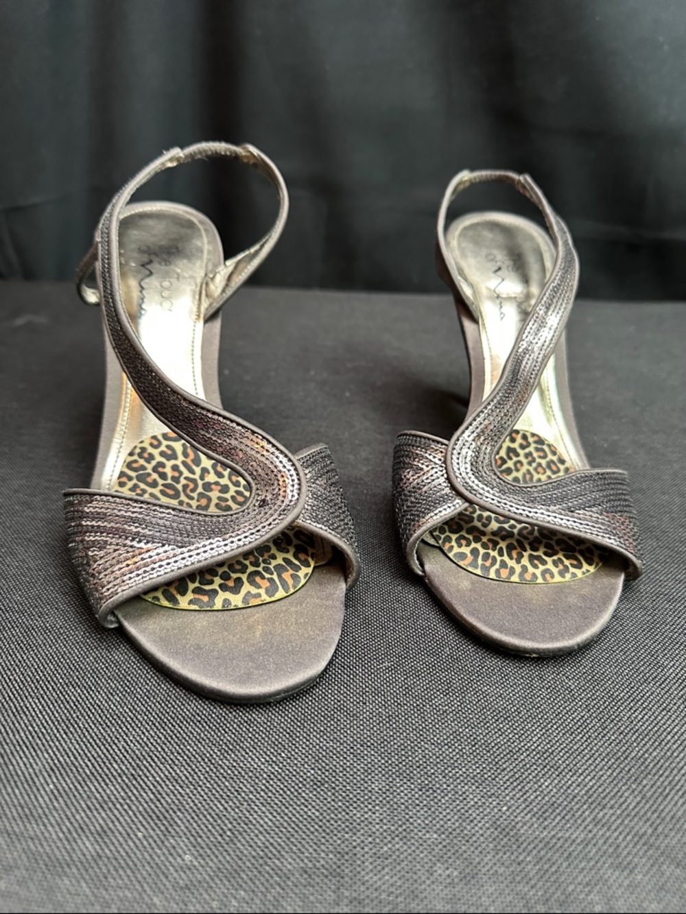Nina Metallic Brown Open-Toe Slingback Heels with Leopard Insole 9